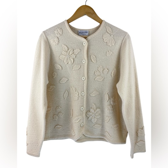 Pendleton Women’s Sz LP Cardigan Sweater Floral Bead Design Ivory Merino Wool - Picture 1 of 8
